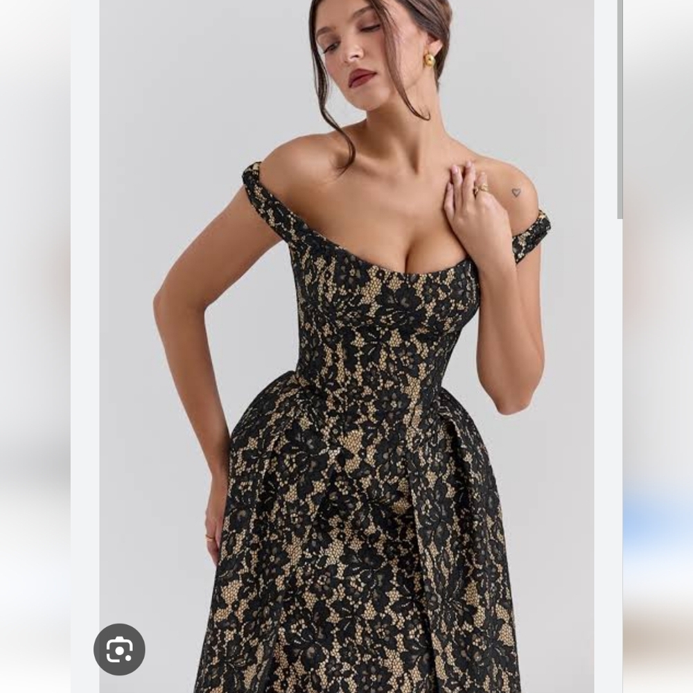 Charming Black And Gold Lace Off The Shoulder Corset Midi Dress